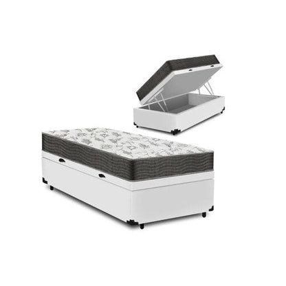 Cama Box Baú Solteiro Conforto Sintético Branco + Colchão Solteiro Conforto Espuma D33 com Eps 14x88 Branco Liso