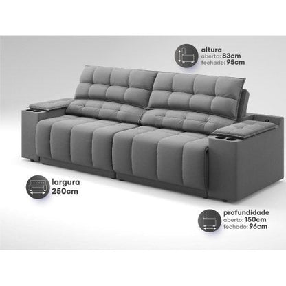 Sofá com Porta Copos Carregador USB Ret Rec Samurai 2,50m Velosuede Grafite - NETSOFAS Grafite