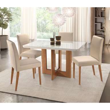 Conjunto de Mesa de Jantar com 4 Cadeiras Talia Veludo Off White e Creme