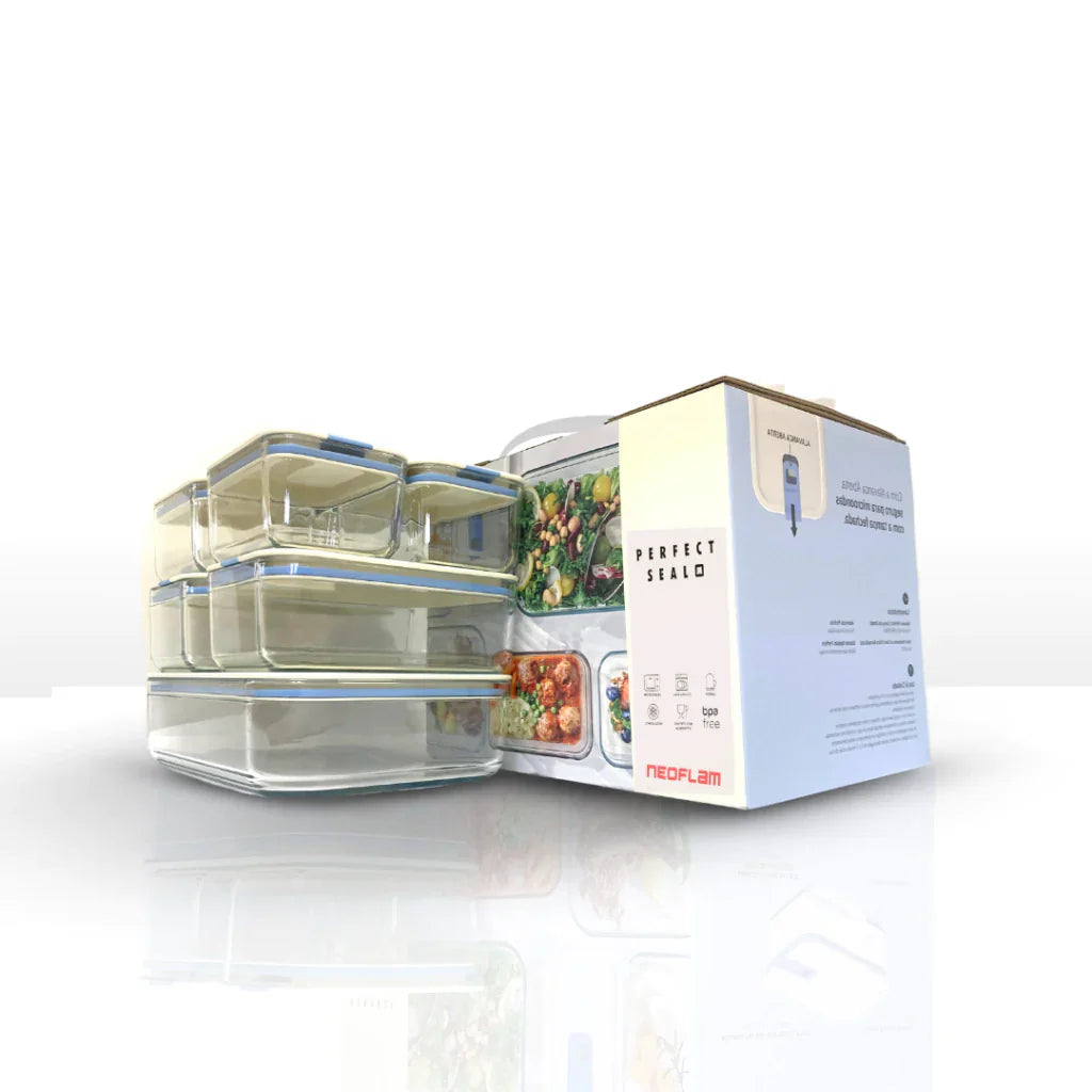 Conjunto de Potes de Vidro Herméticos Retangulares - 7 Unidades - Tampa com Alavanca - Perfect Seal